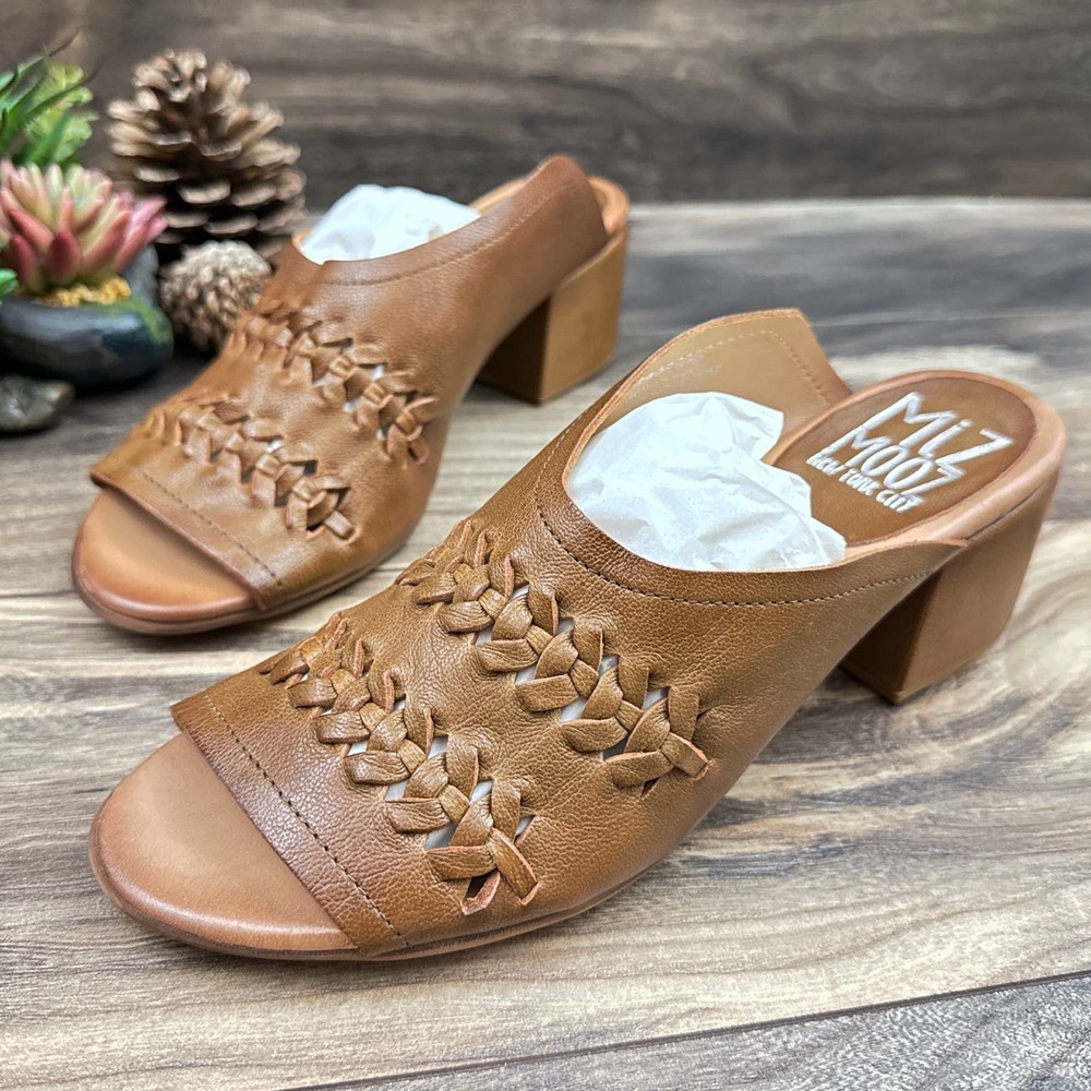 NIB Miz Mooz Briar 38 7.5-8 Whipstitch Leather Heeled Slide Sandal Brandy Brown - Picture 3 of 12